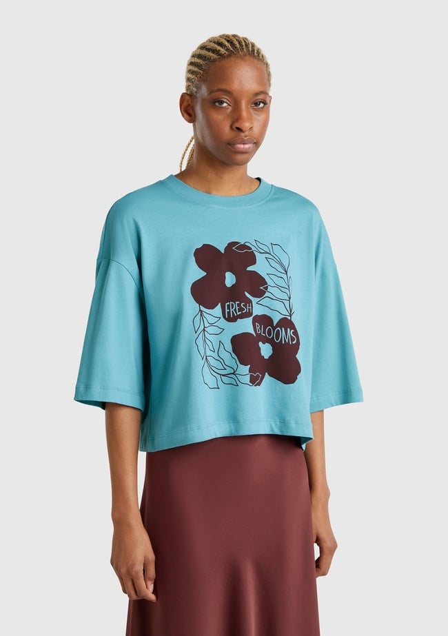  Kadın Mavi %100 Koton Çiçek Desenli Boxy Fit T-Shirt