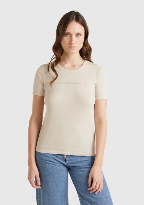  Kadın Taş Rengi %100 Koton Benetton Yazılı Basic T-Shirt