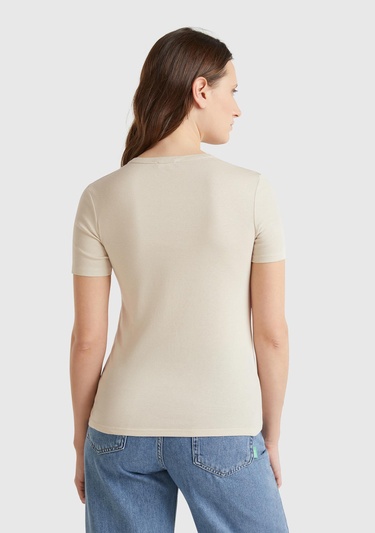  Kadın Taş Rengi %100 Koton Benetton Yazılı Basic T-Shirt