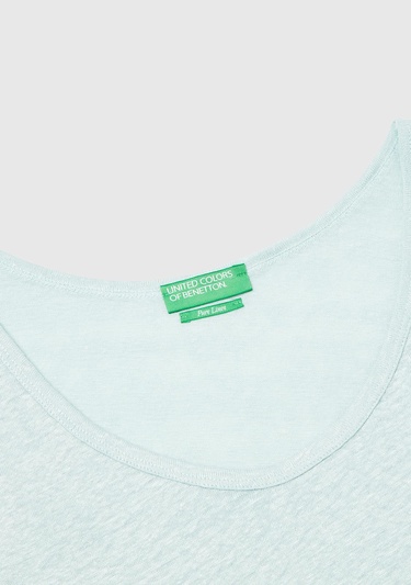  Kadın Su Yeşili %100 Keten Yanları Yırtmaçlı Regular Fit Yuvarlak Yaka Atlet