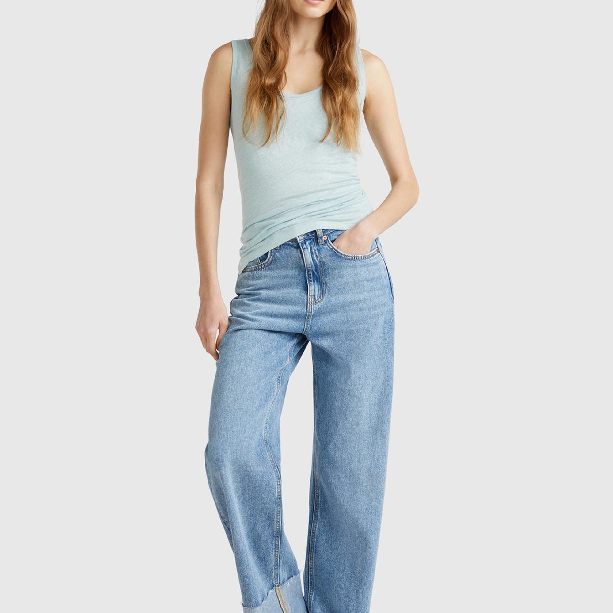 Kadın Su Yeşili %100 Keten Yanları Yırtmaçlı Regular Fit Yuvarlak Yaka Atlet