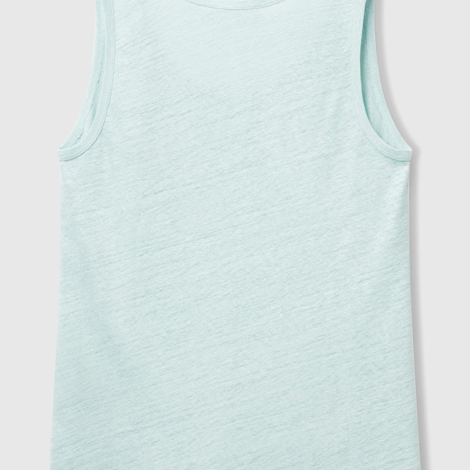 Kadın Su Yeşili %100 Keten Yanları Yırtmaçlı Regular Fit Yuvarlak Yaka Atlet