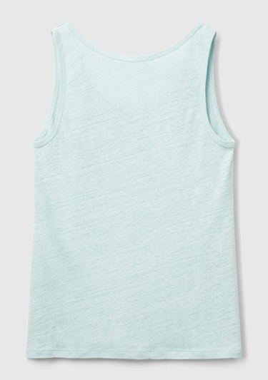  Kadın Su Yeşili %100 Keten Yanları Yırtmaçlı Regular Fit Yuvarlak Yaka Atlet