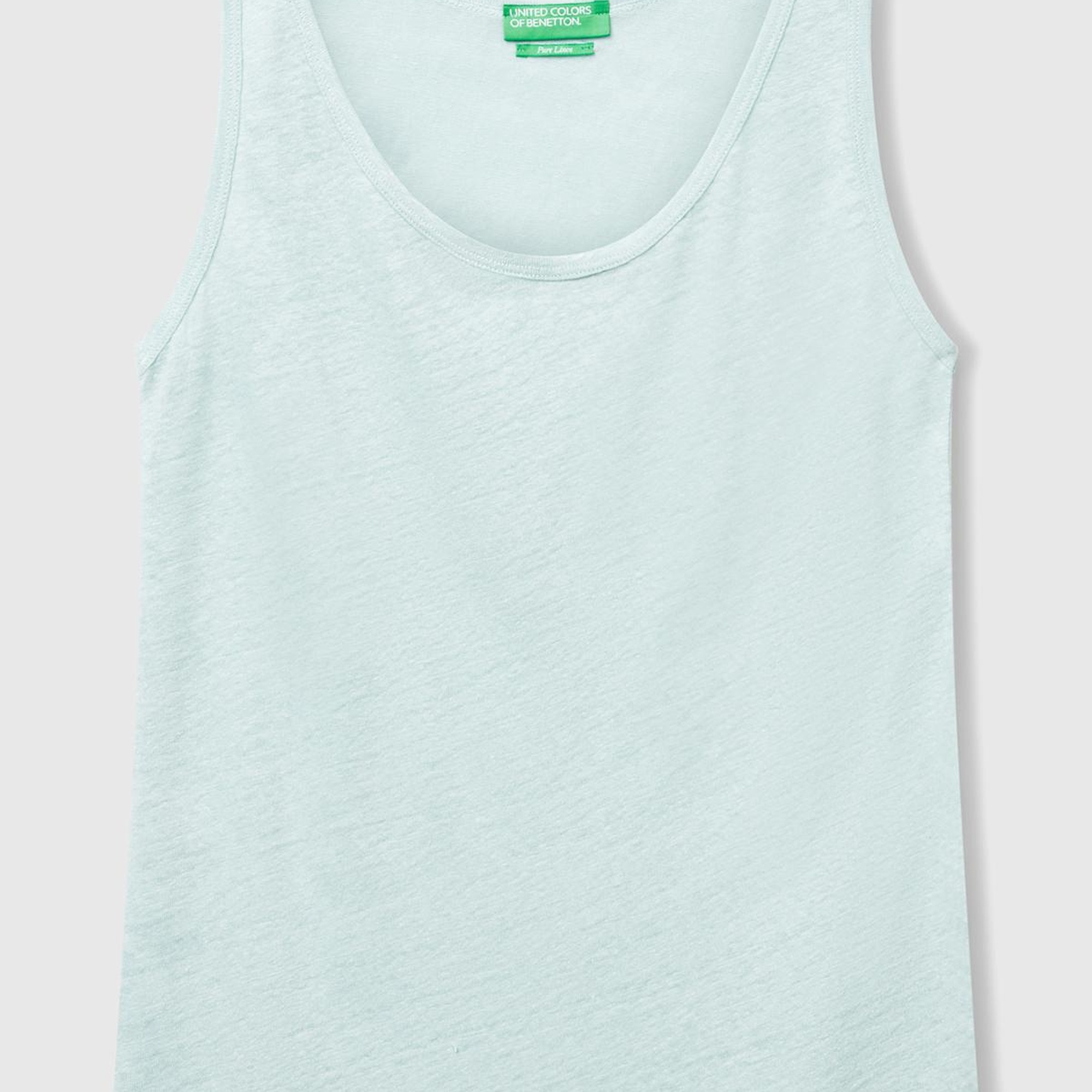 Kadın Su Yeşili %100 Keten Yanları Yırtmaçlı Regular Fit Yuvarlak Yaka Atlet