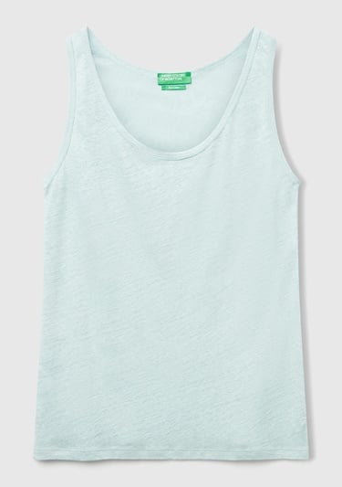  Kadın Su Yeşili %100 Keten Yanları Yırtmaçlı Regular Fit Yuvarlak Yaka Atlet