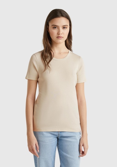  Kadın Taş Rengi %100 Koton Basic Kısa Kollu Bisiklet Yaka T-Shirt