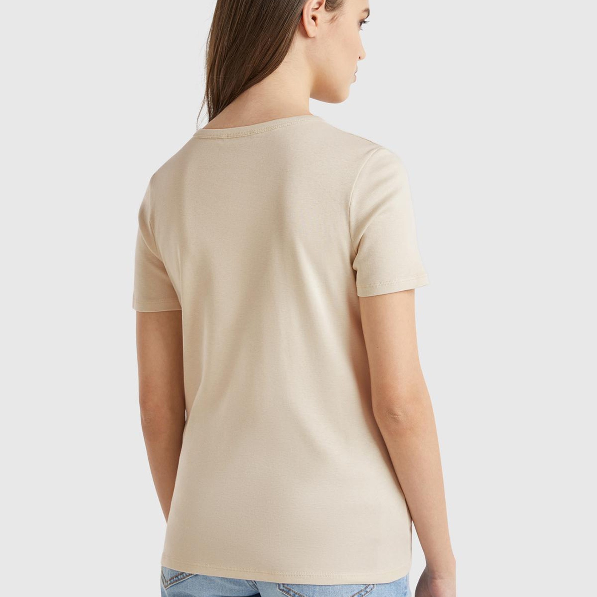 Kadın Taş Rengi %100 Koton Basic Kısa Kollu Bisiklet Yaka T-Shirt