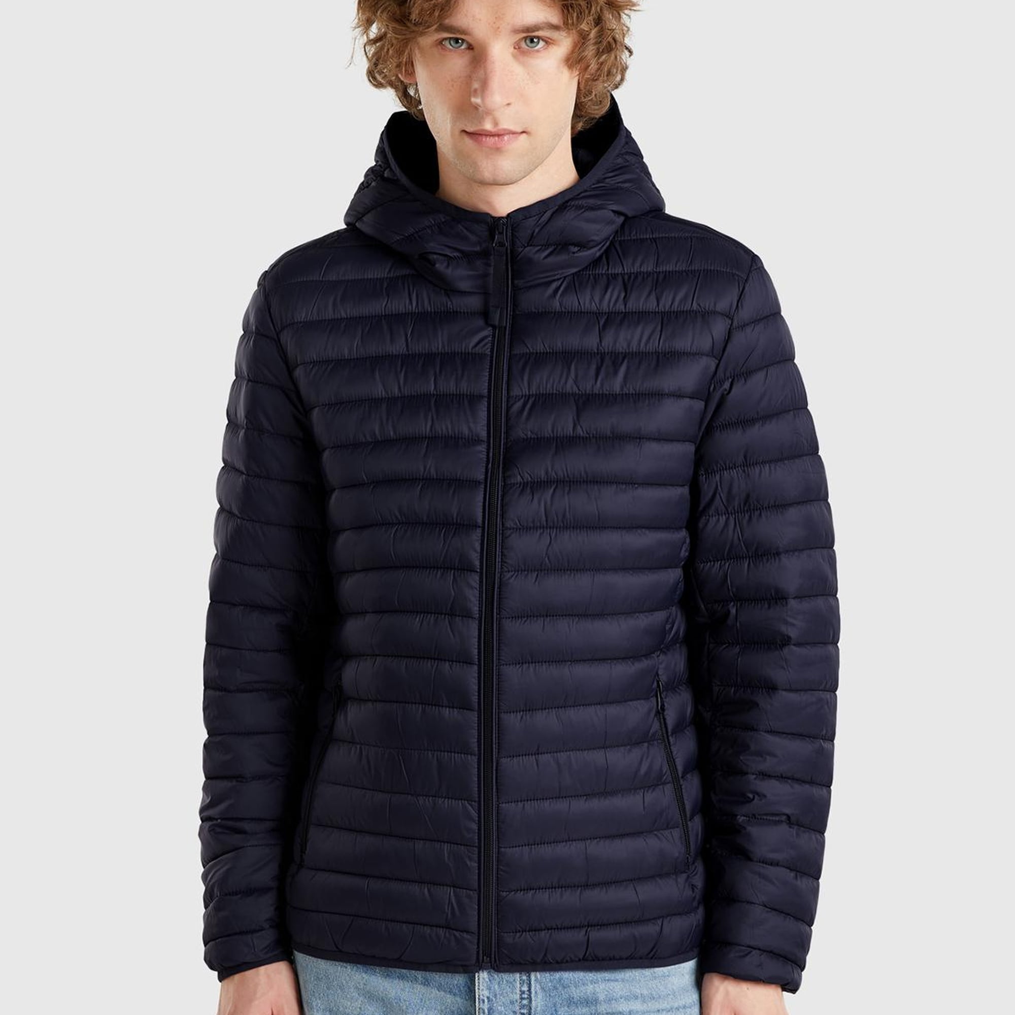 Erkek Lacivert Polyester Dolgulu Regular Fit Kapüşonlu Puffer Mont