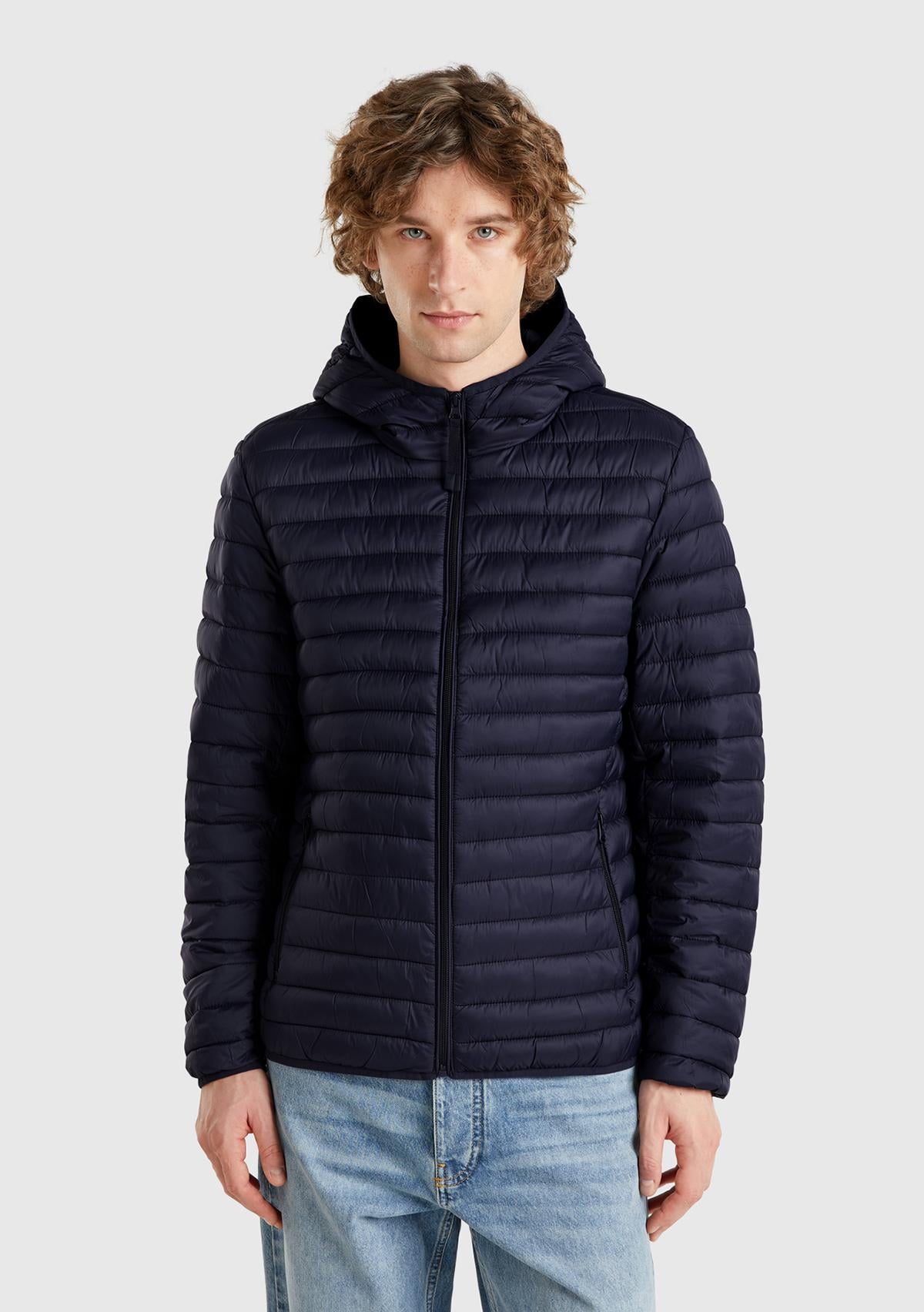  Erkek Lacivert Polyester Dolgulu Regular Fit Kapüşonlu Puffer Mont