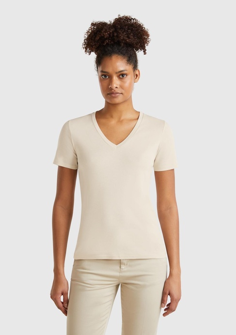  Kadın Taş Rengi %100 Pamuk V Yaka Basic T-Shirt