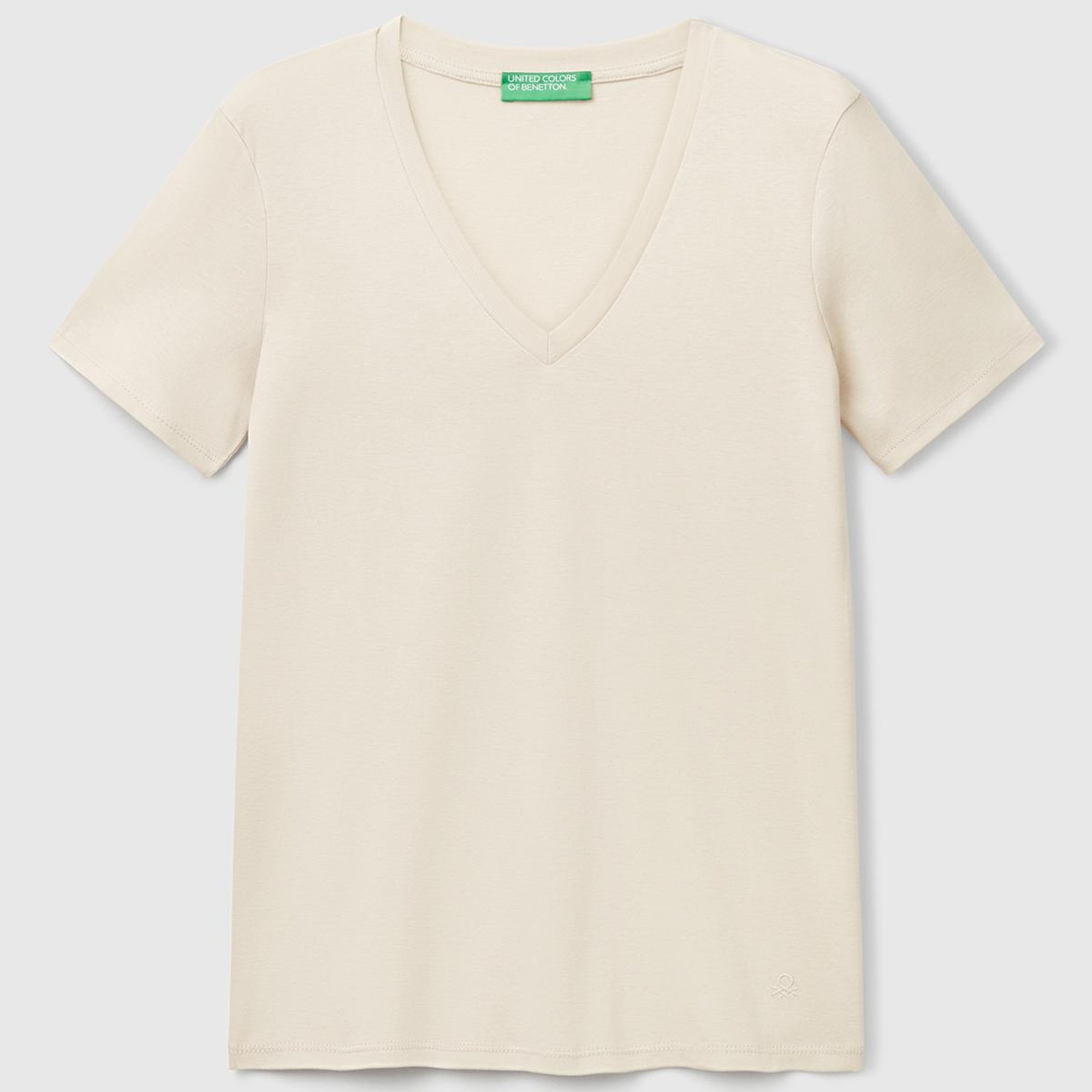 Kadın Taş Rengi %100 Pamuk V Yaka Basic T-Shirt