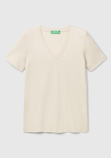  Kadın Taş Rengi %100 Pamuk V Yaka Basic T-Shirt