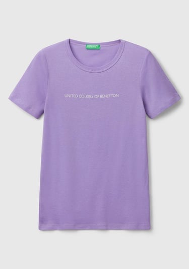  Kadın Mor %100 Koton Benetton Yazılı Basic T-Shirt