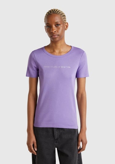  Kadın Mor %100 Koton Benetton Yazılı Basic T-Shirt