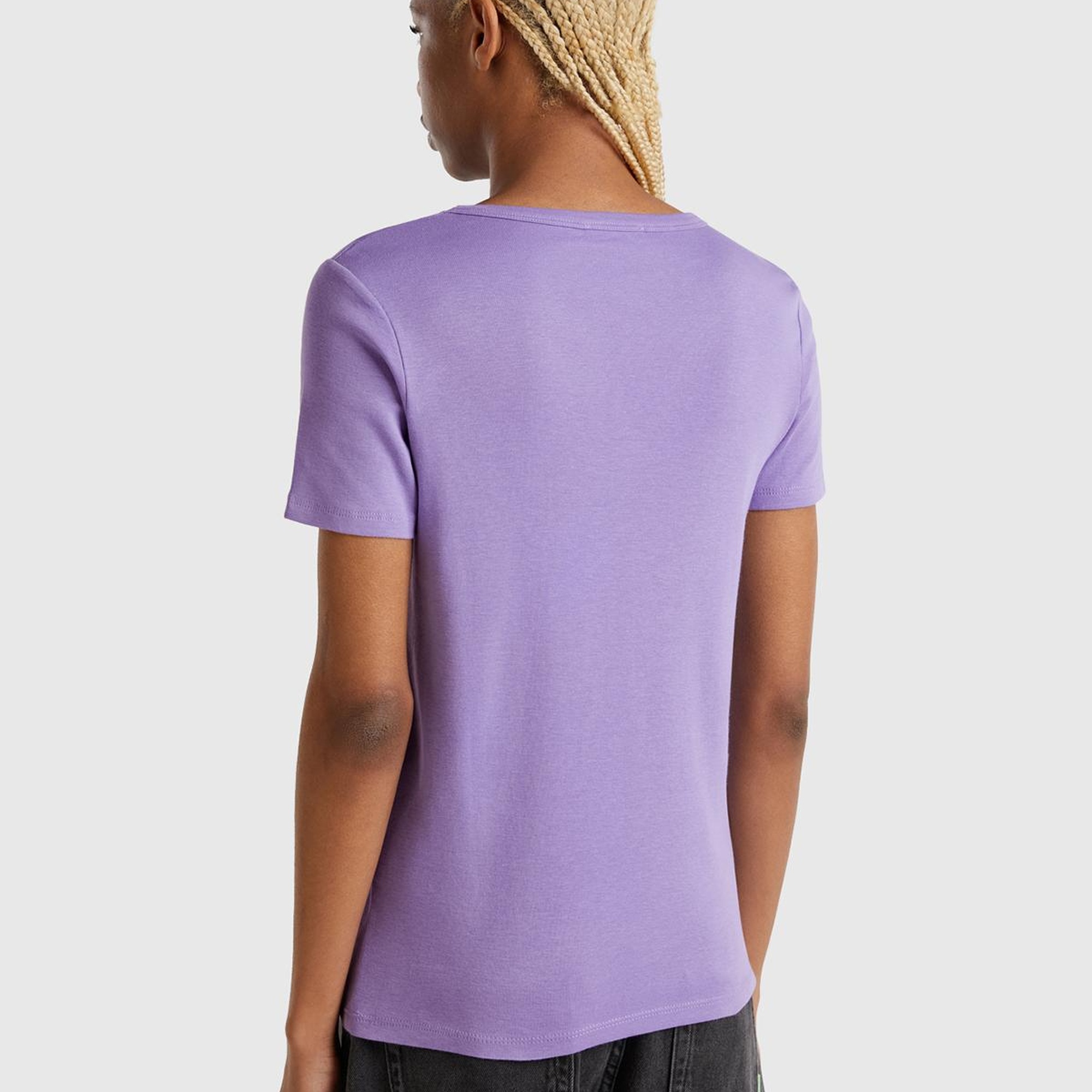 Kadın Mor %100 Koton Benetton Yazılı Basic T-Shirt