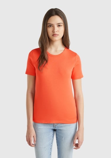  Kadın Turuncu %100 Koton Basic Kısa Kollu Bisiklet Yaka T-Shirt