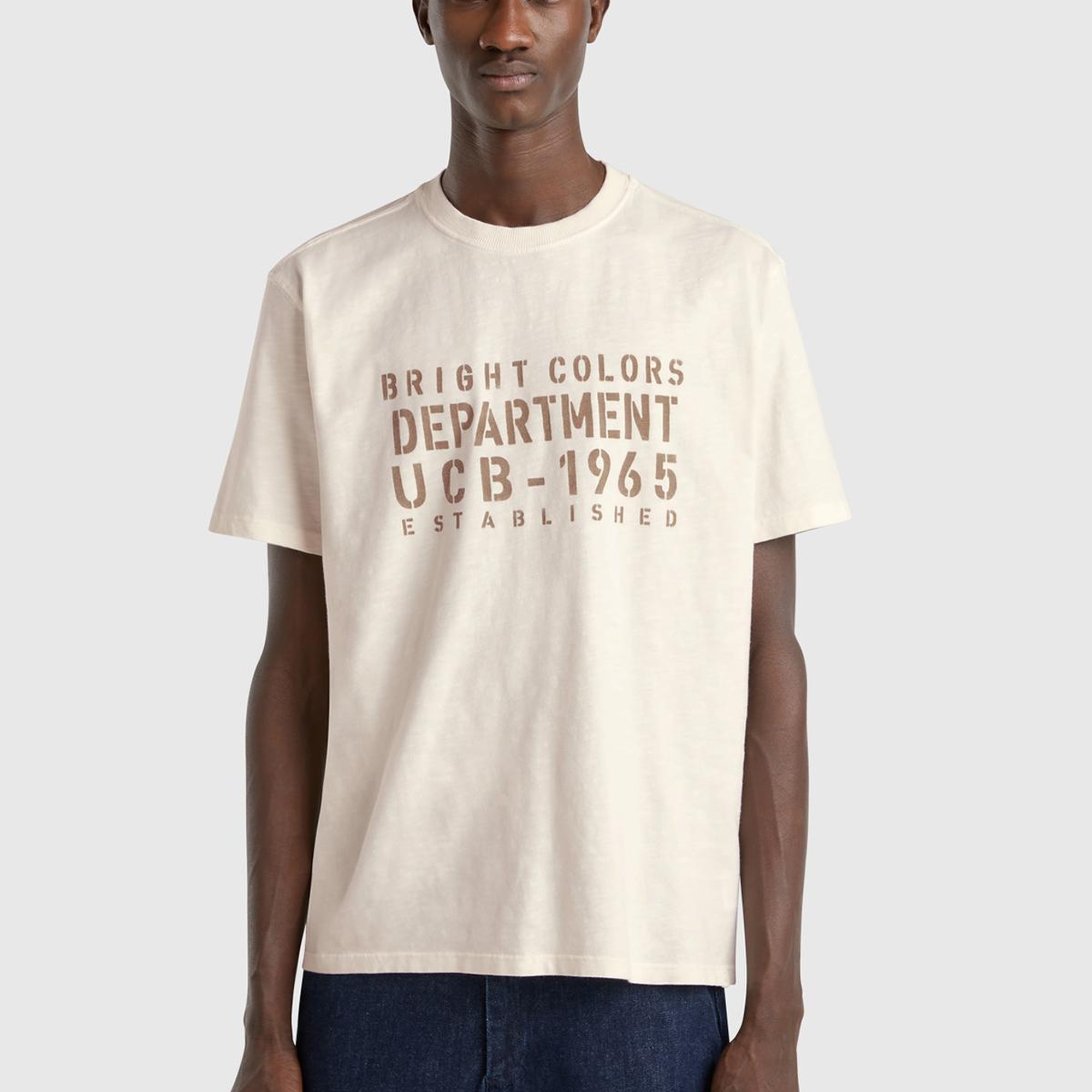 Erkek Bej-Yeşil %100 Pamuk Yıpranmış Efektli Önü Baskılı Relax Fit T-Shirt