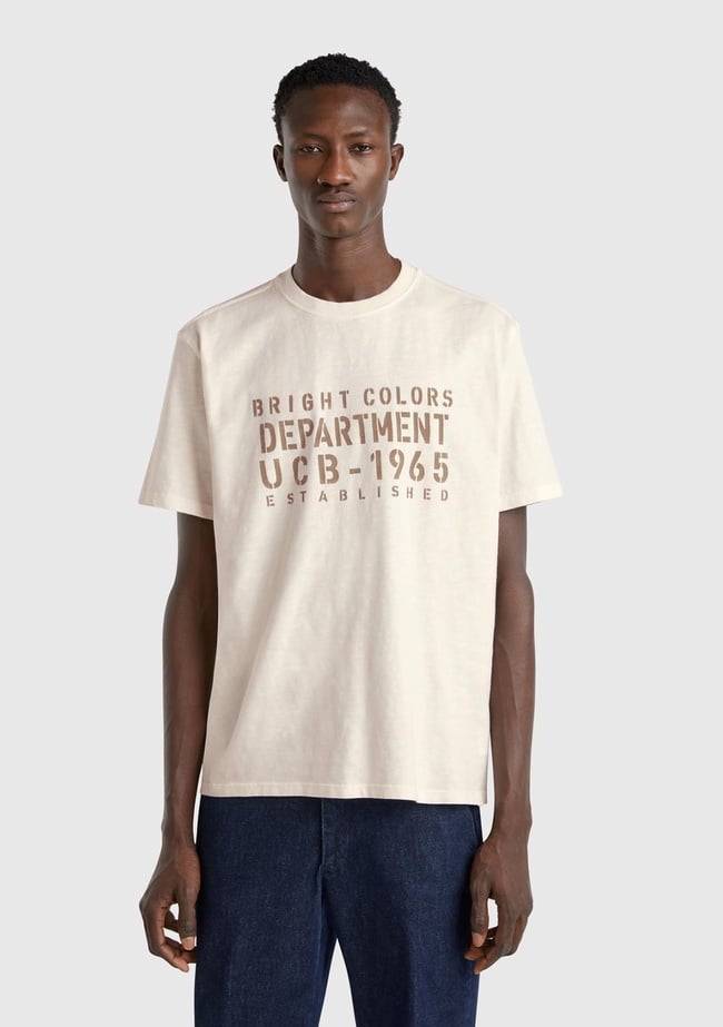  Erkek Bej-Yeşil %100 Pamuk Yıpranmış Efektli Önü Baskılı Relax Fit T-Shirt