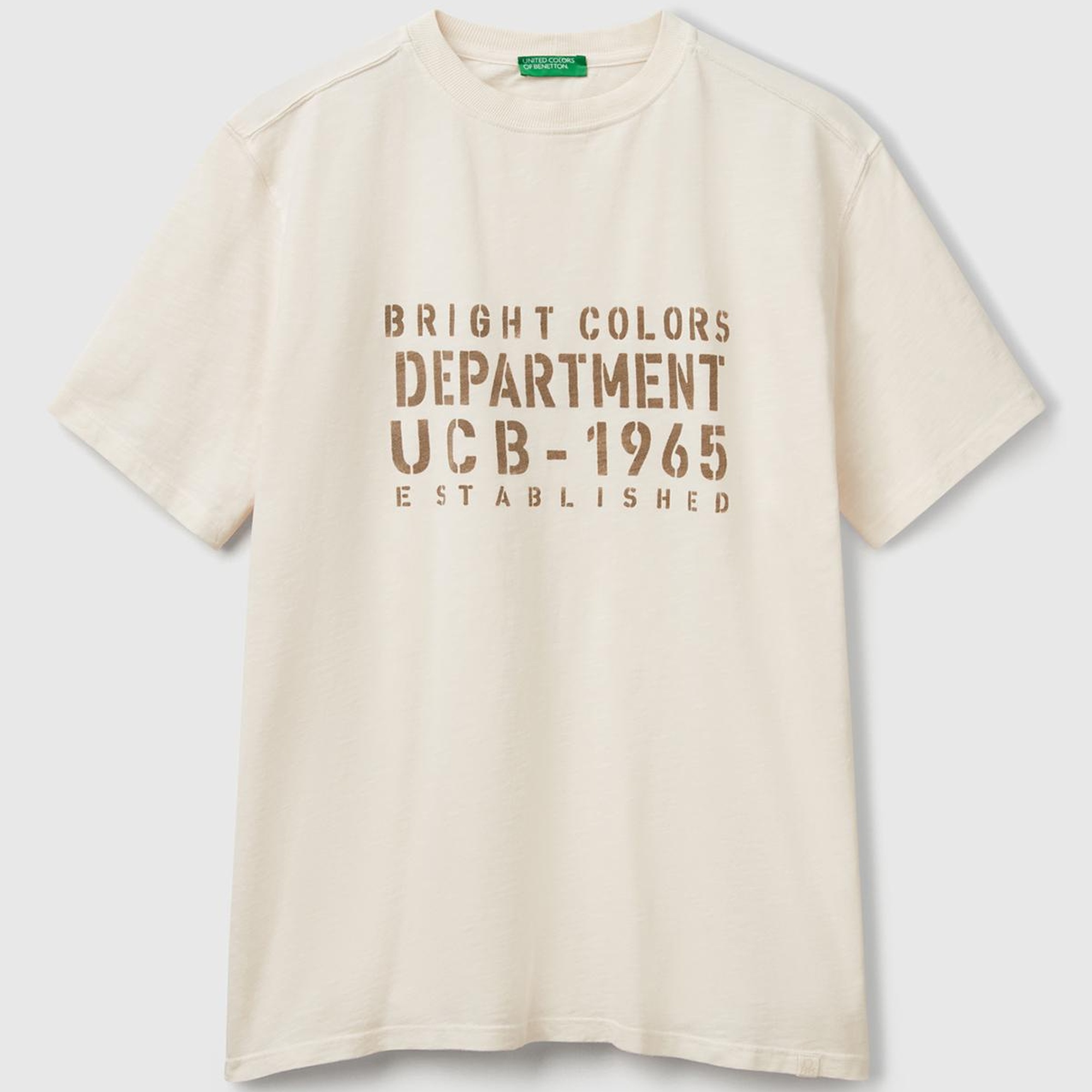 Erkek Bej-Yeşil %100 Pamuk Yıpranmış Efektli Önü Baskılı Relax Fit T-Shirt