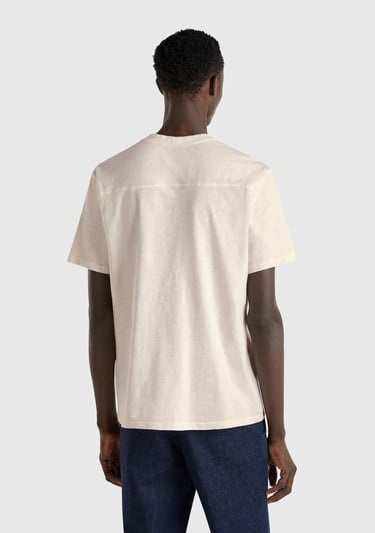  Erkek Bej-Yeşil %100 Pamuk Yıpranmış Efektli Önü Baskılı Relax Fit T-Shirt