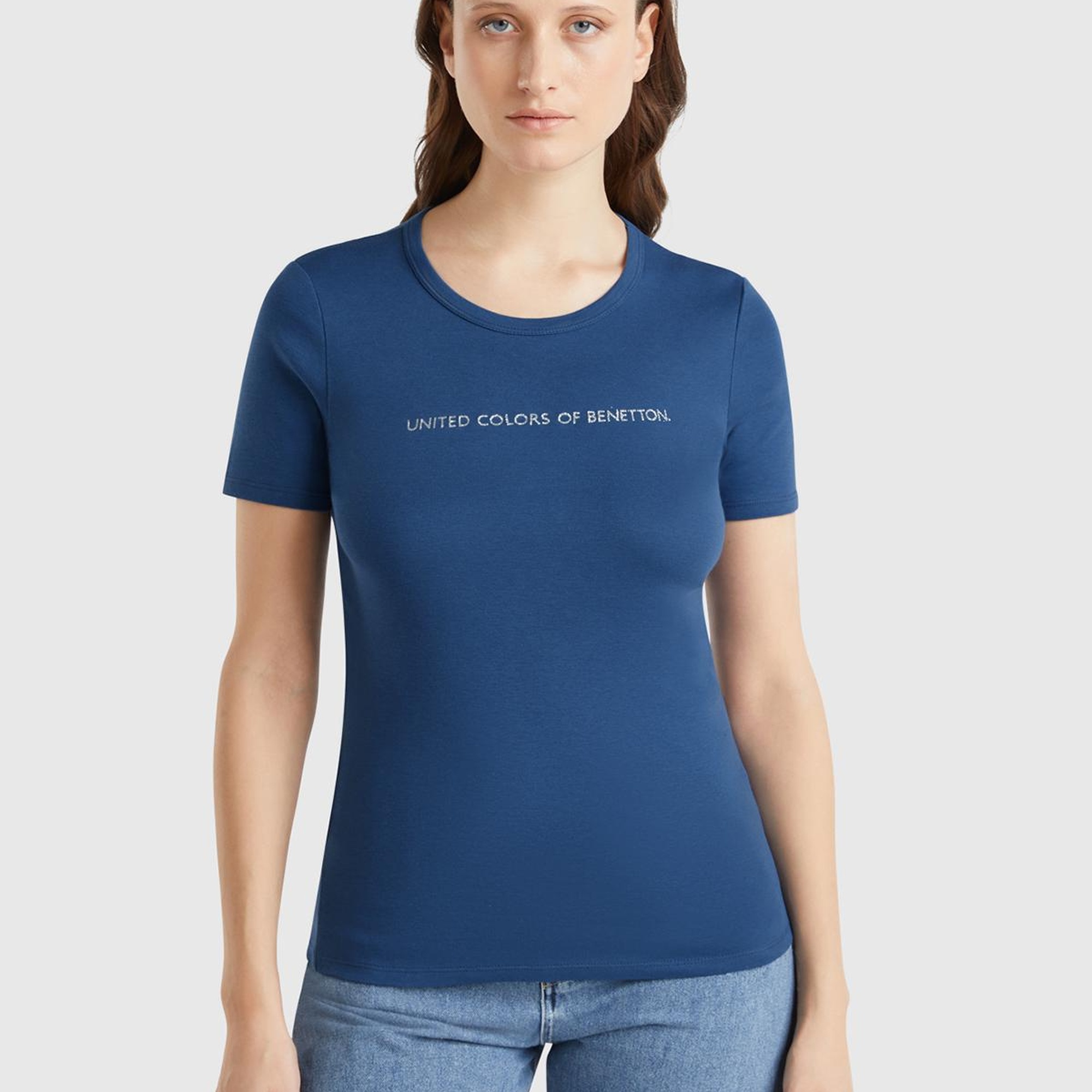 Kadın Denim %100 Koton Benetton Yazılı Basic T-Shirt