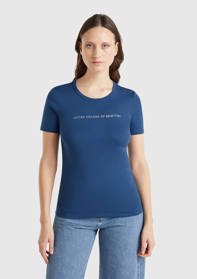  Kadın Denim %100 Koton Benetton Yazılı Basic T-Shirt