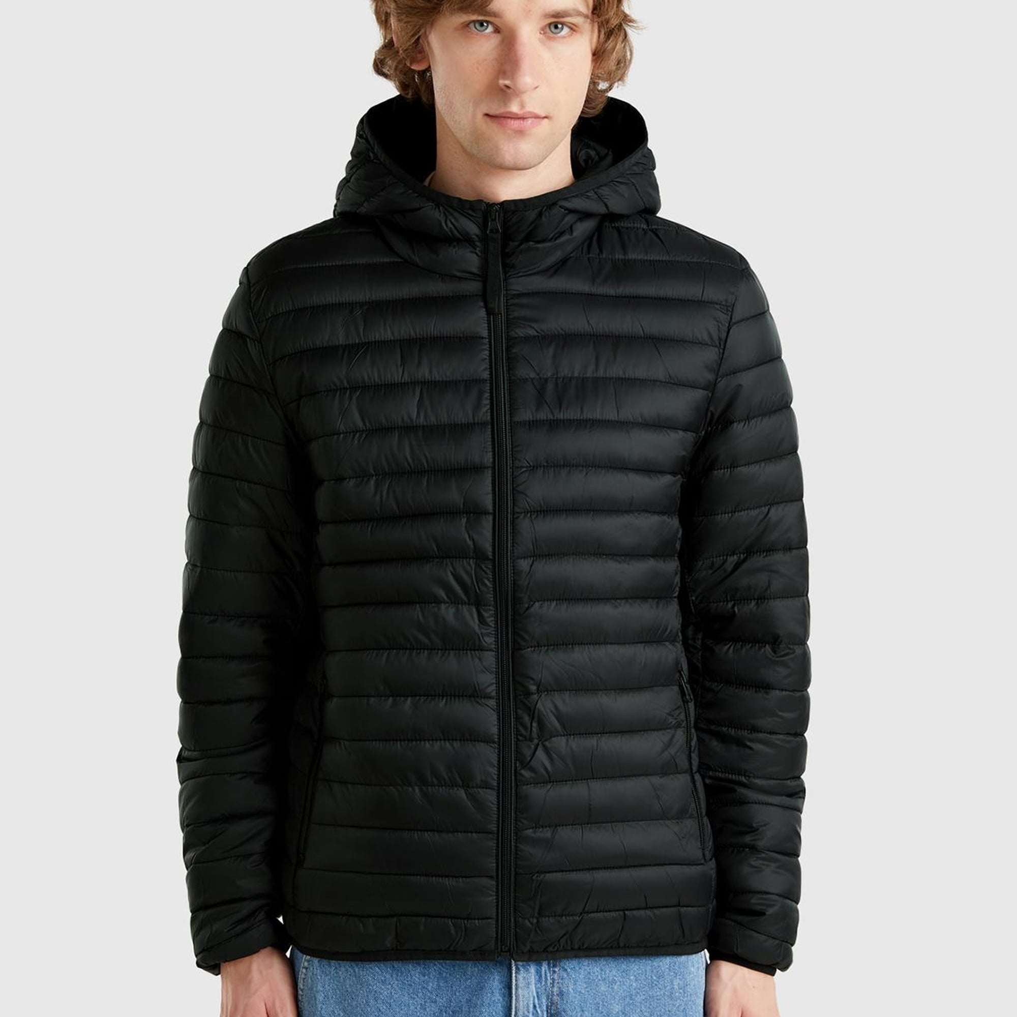 Erkek Siyah Polyester Dolgulu Regular Fit Kapüşonlu Puffer Mont