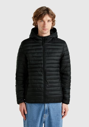  Erkek Siyah Polyester Dolgulu Regular Fit Kapüşonlu Puffer Mont