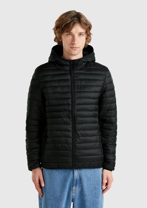  Erkek Siyah Polyester Dolgulu Regular Fit Kapüşonlu Puffer Mont