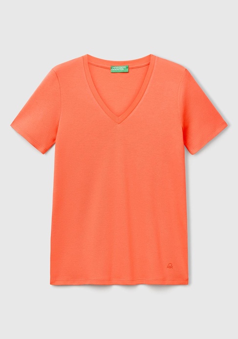  Kadın Turuncu %100 Pamuk V Yaka Basic T-Shirt