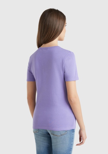  Kadın Mor %100 Koton Basic Kısa Kollu Bisiklet Yaka T-Shirt