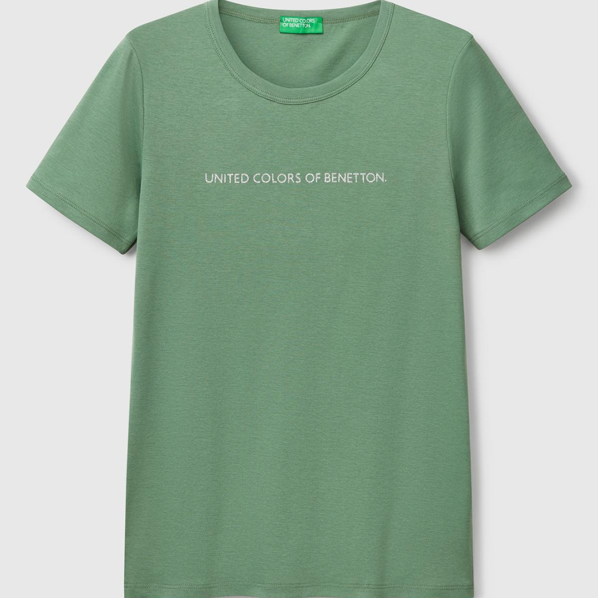 Kadın Açık Yeşil %100 Koton Benetton Yazılı Basic T-Shirt