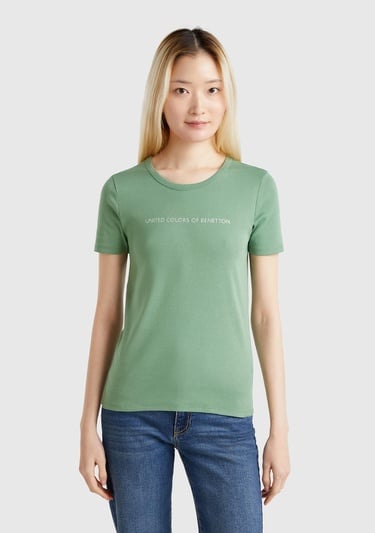  Kadın Açık Yeşil %100 Koton Benetton Yazılı Basic T-Shirt