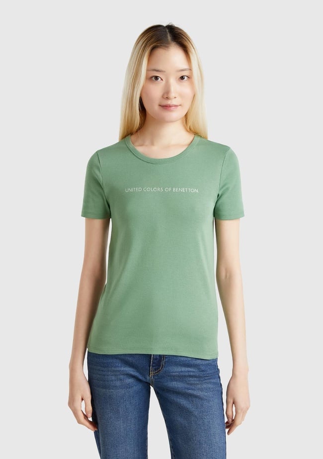  Kadın Açık Yeşil %100 Koton Benetton Yazılı Basic T-Shirt