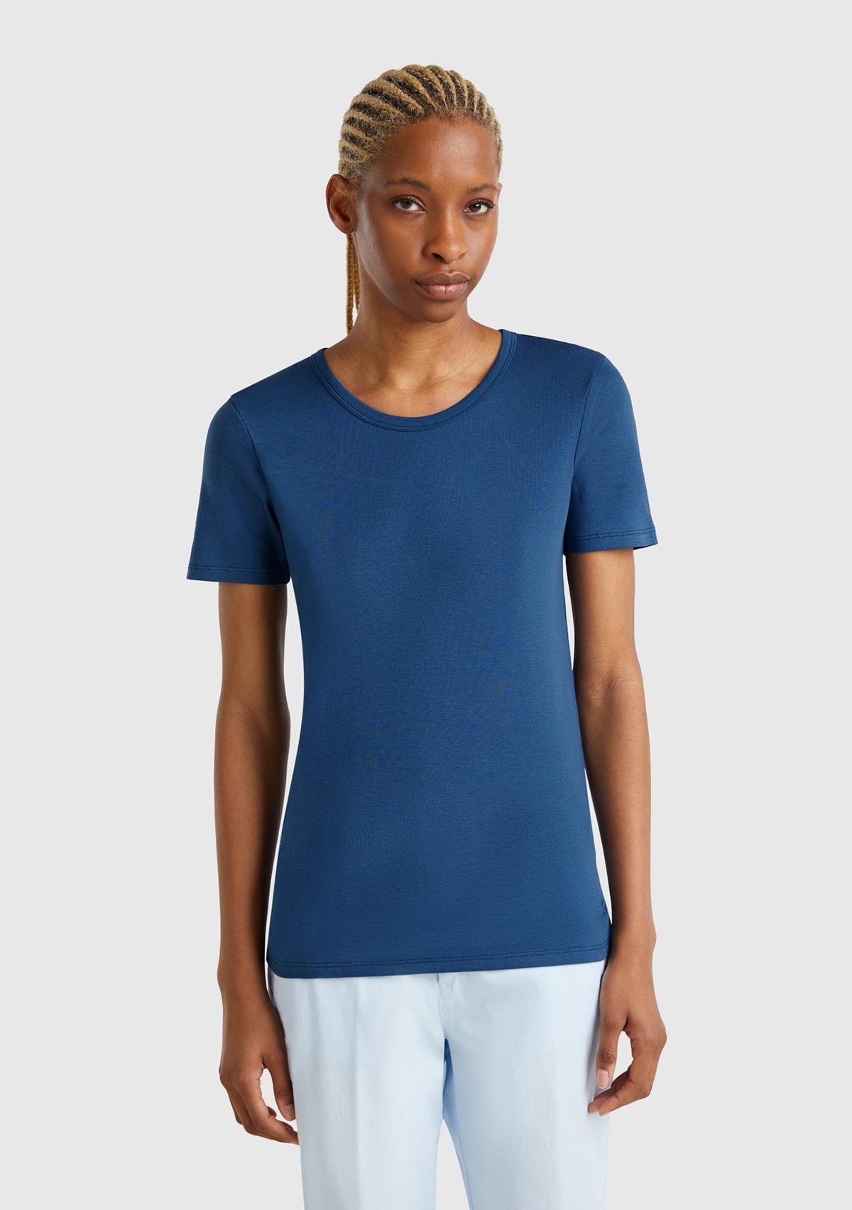  Kadın Denim %100 Koton Basic Kısa Kollu Bisiklet Yaka T-Shirt