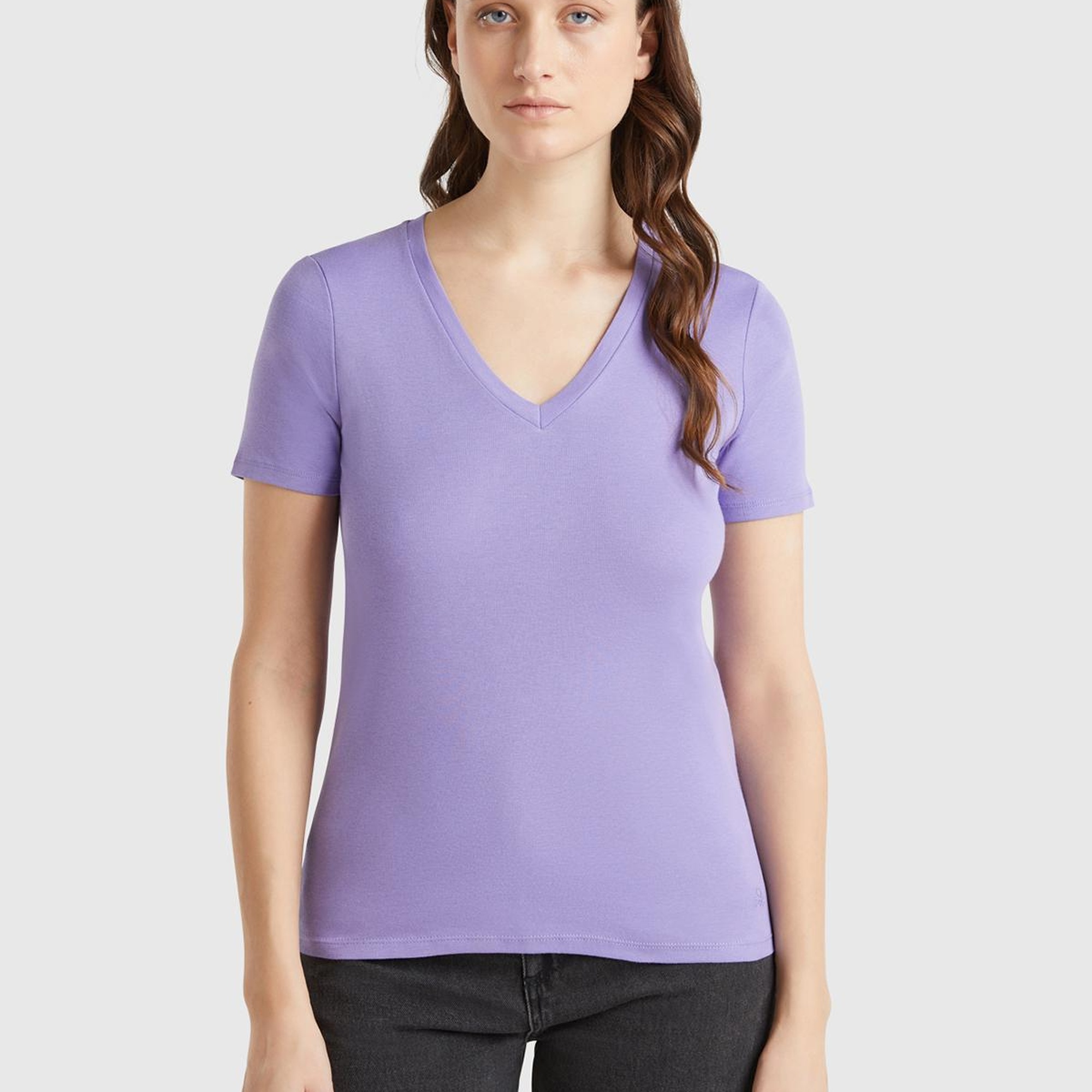 Kadın Mor %100 Pamuk V Yaka Basic T-Shirt