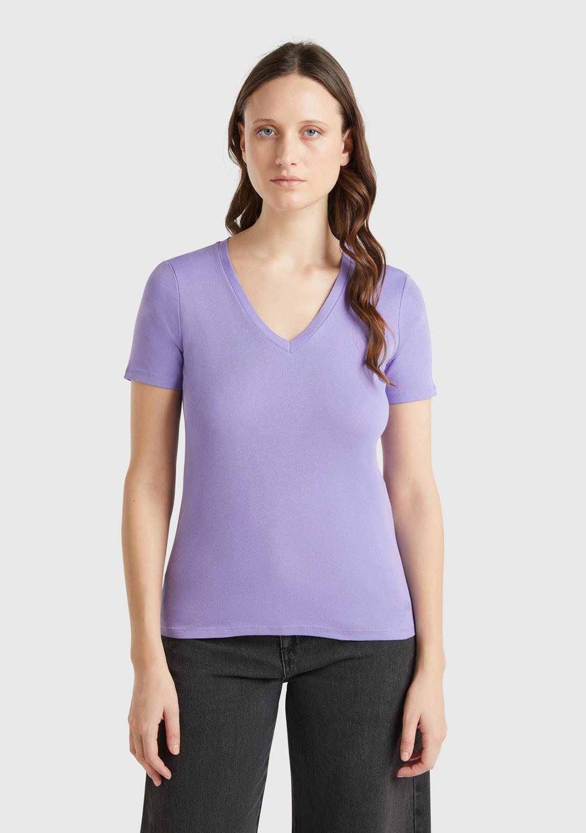  Kadın Mor %100 Pamuk V Yaka Basic T-Shirt