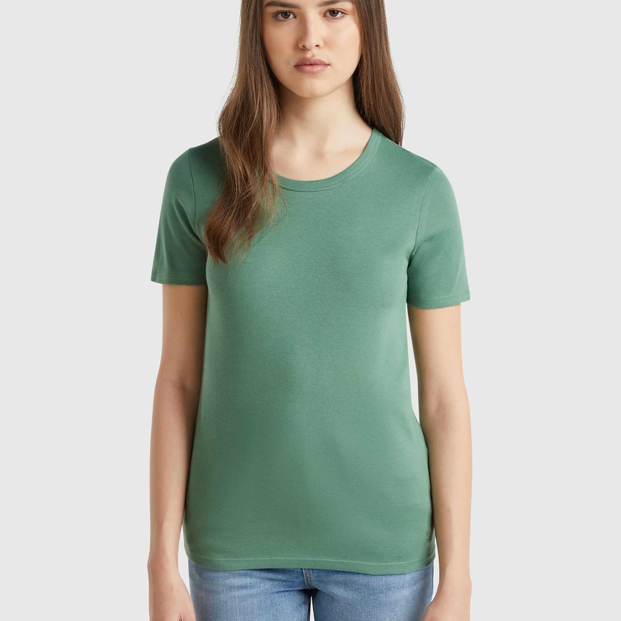 Kadın Açık Yeşil %100 Koton Basic Kısa Kollu Bisiklet Yaka T-Shirt