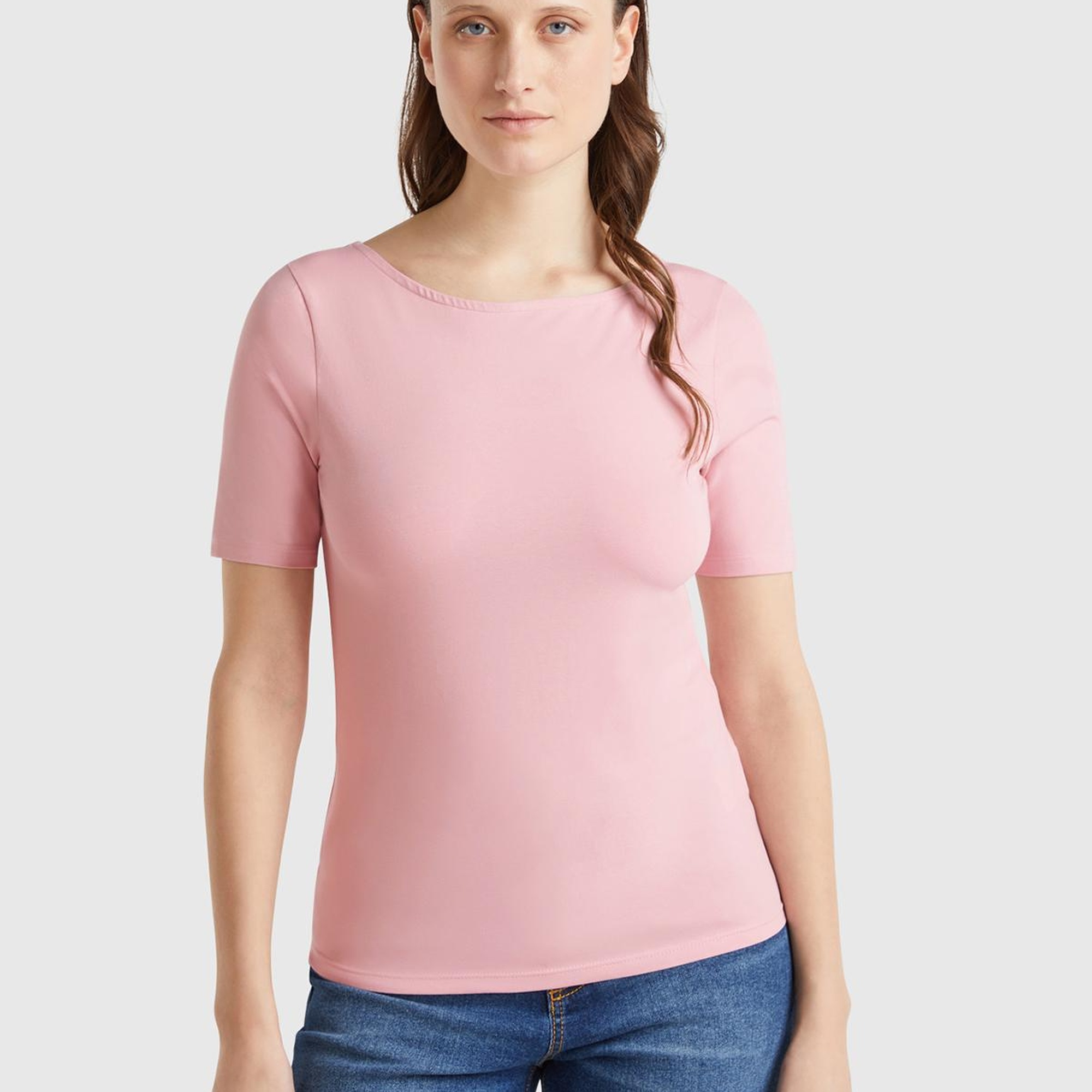 Kadın Pembe Pamuk Karışımlı Örme Slim Fit Geniş Yaka T-Shirt