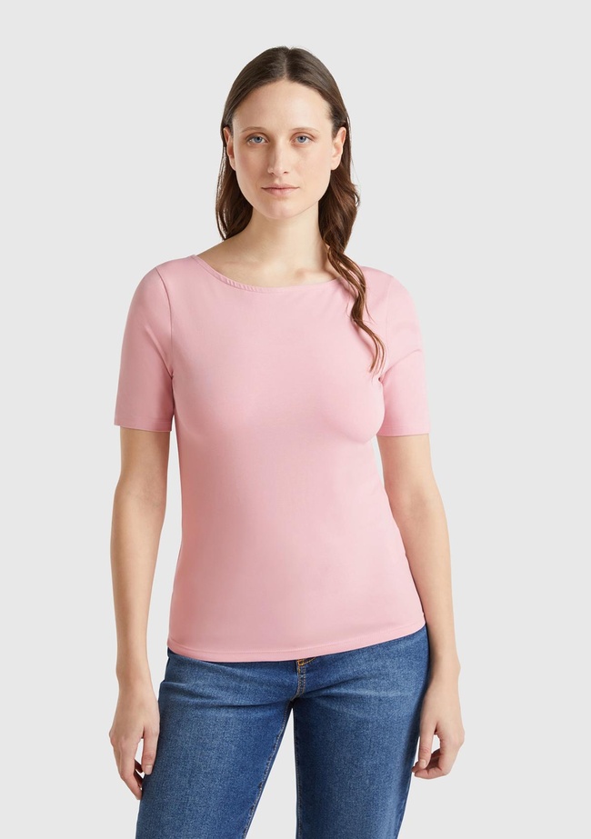  Kadın Pembe Pamuk Karışımlı Örme Slim Fit Geniş Yaka T-Shirt