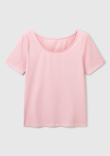  Kadın Pembe Pamuk Karışımlı Örme Slim Fit Geniş Yaka T-Shirt