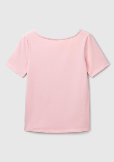  Kadın Pembe Pamuk Karışımlı Örme Slim Fit Geniş Yaka T-Shirt