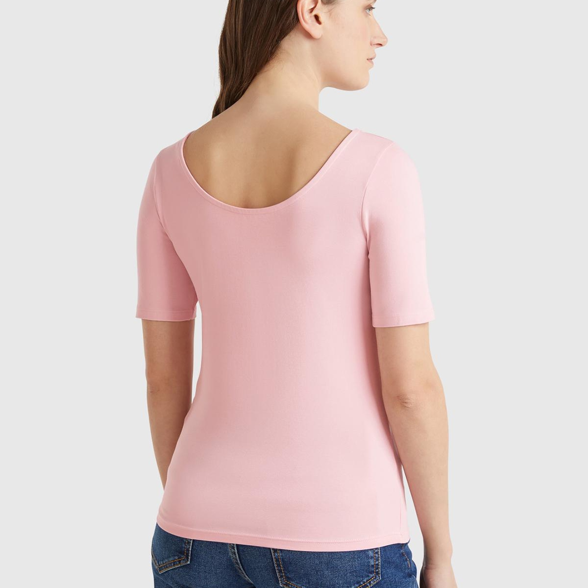 Kadın Pembe Pamuk Karışımlı Örme Slim Fit Geniş Yaka T-Shirt