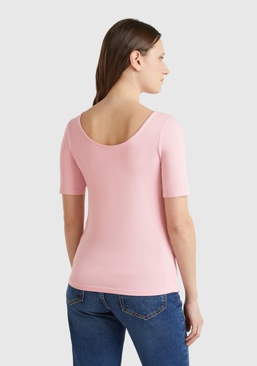  Kadın Pembe Pamuk Karışımlı Örme Slim Fit Geniş Yaka T-Shirt