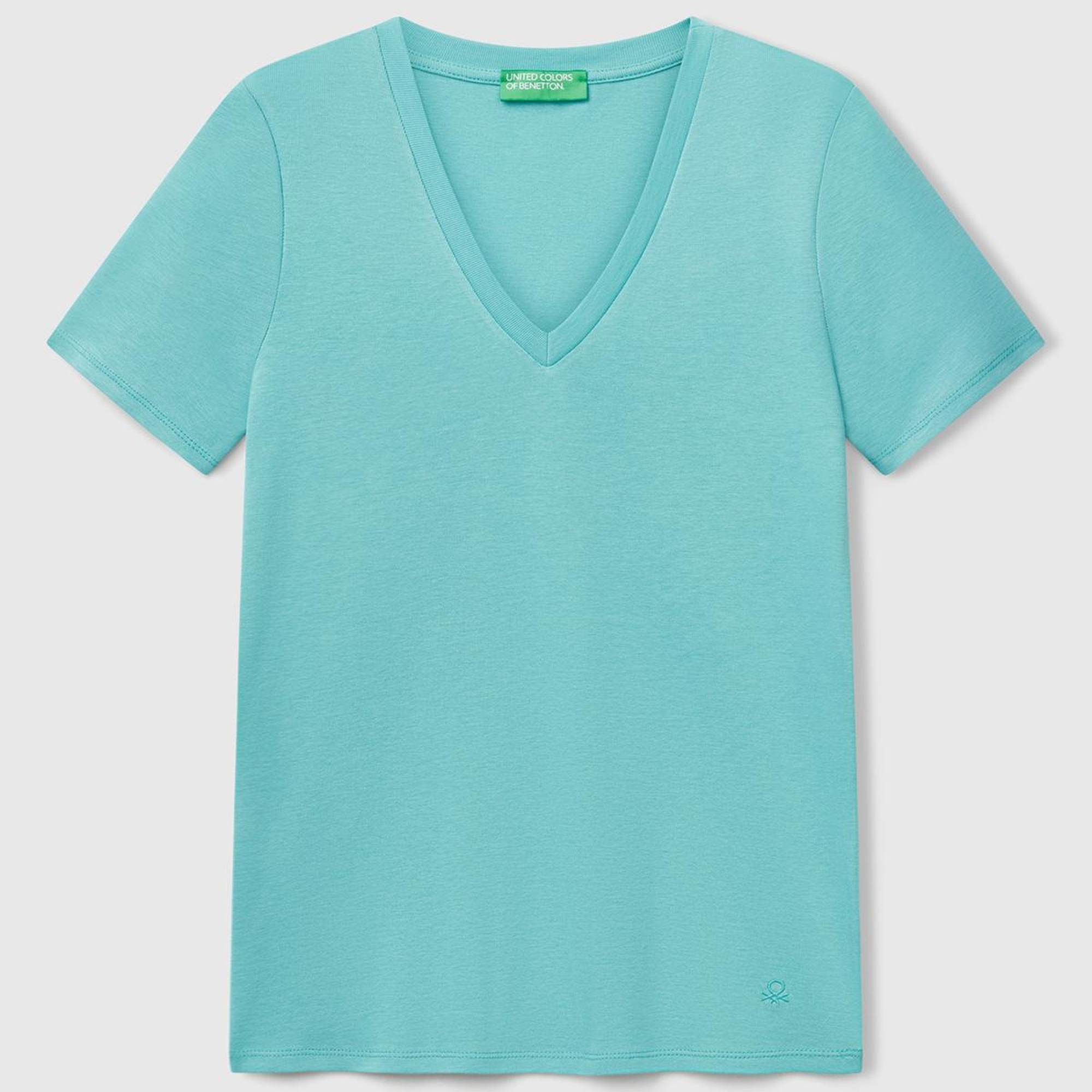 Kadın Buz Mavisi %100 Pamuk V Yaka Basic T-Shirt