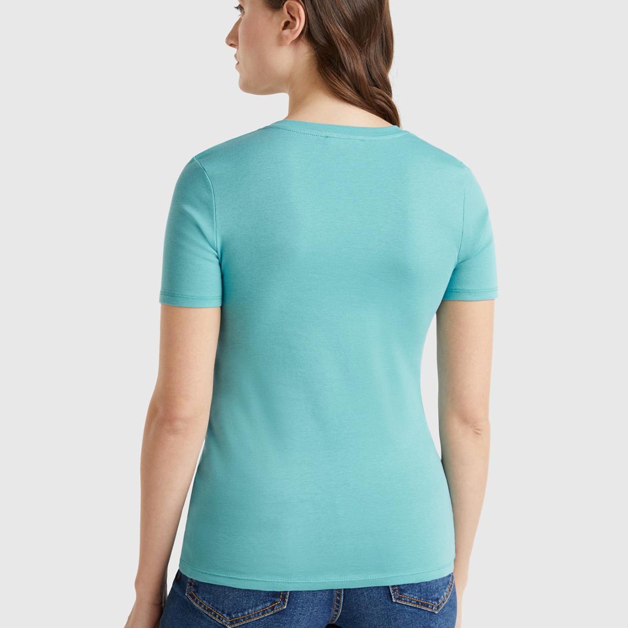 Kadın Buz Mavisi %100 Pamuk V Yaka Basic T-Shirt