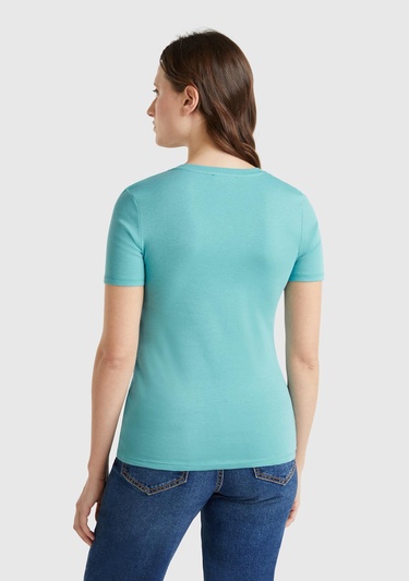  Kadın Buz Mavisi %100 Pamuk V Yaka Basic T-Shirt