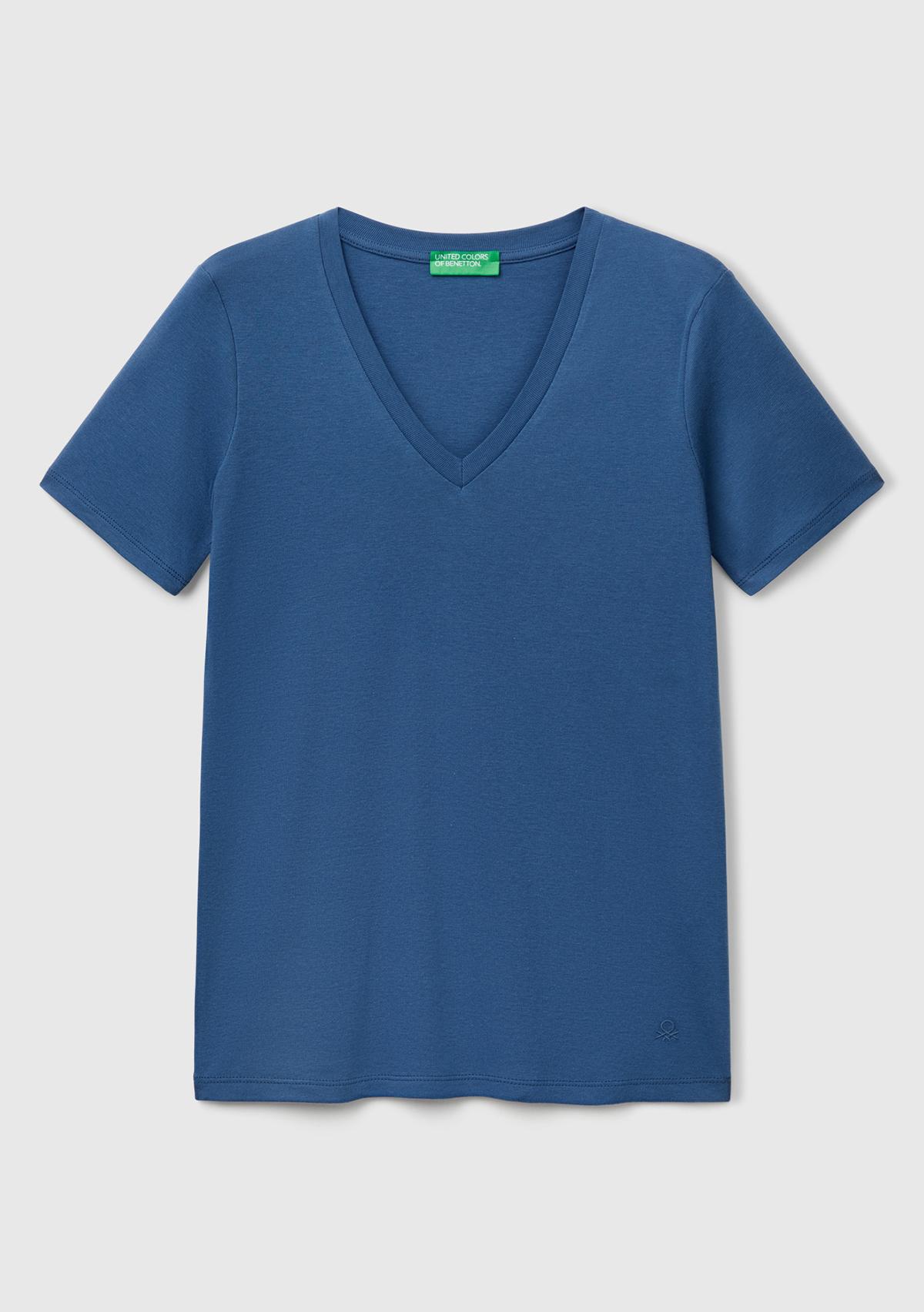  Kadın Denim %100 Pamuk V Yaka Basic T-Shirt