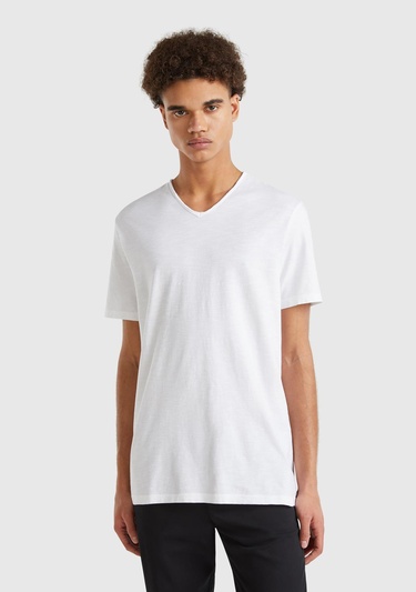  Erkek Beyaz V Yaka Slub T-shirt