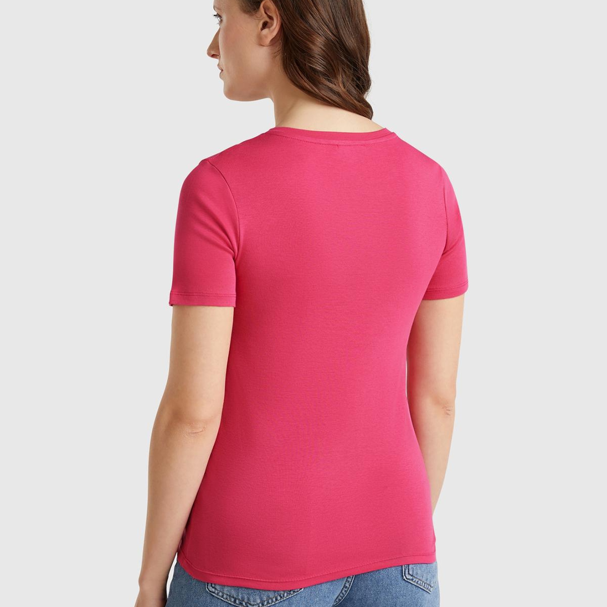 Kadın Fuşya %100 Pamuk V Yaka Basic T-Shirt